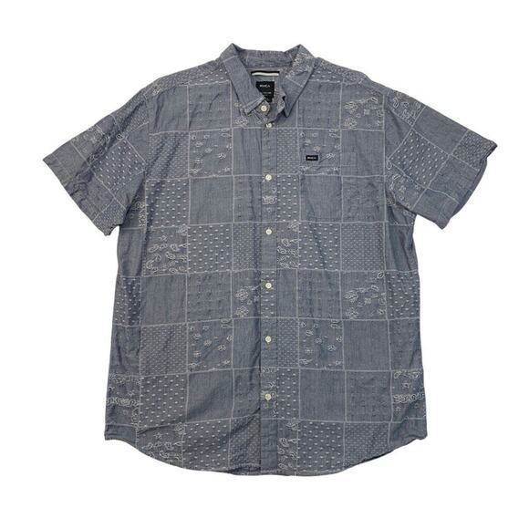 RVCA Shirt Mens XXL Blue Grey Cotton Slim Fit Patchwork Textured Button Up - Picture 1 of 10